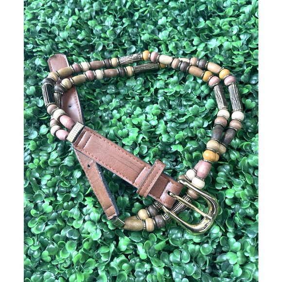Vintage Wood Beaded Belt Gold Buckle Adjust. Size Small Boho Style Vintage 90s - Picture 11 of 13
